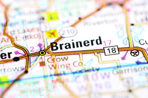Closeup of Brainerd on a colorful map, representing how to find a bankruptcy attorney near me in Brainerd, MN.