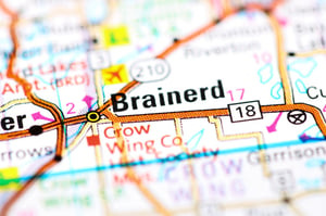Closeup of Brainerd on a colorful map, representing how to find a bankruptcy attorney near me in Brainerd, MN.