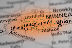Closeup of a map that says "Hutchinson", with the area highlighted in orange, showing where an attorney near me in Hutchinson MN would be.