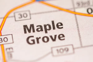 Closeup of a map with "Maple Grove" at the center, representing the question, Is there a bankruptcy attorney near me in Maple Grove MN.