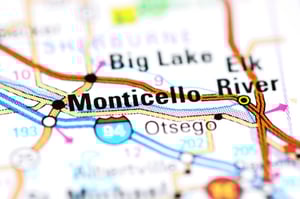 Closeup of a map with "Monticello" labeled, representing finding a bankruptcy attorney near me in Monticello, MN.