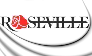 Name logo of the town of Roseville, with "roseville" spelled out in black letters, except the "o" is a red rose. Search for an attorney near me in Roseville, MN.