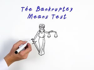 A hand holding a marker that is drawing Lady Justice and the Scales of Justice with the title "The Bankruptcy Means Test" in blue.