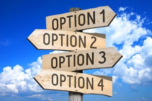 A wooden road sign with 4 different directional markers, each labeled Option 1, Option 2, Option 3, or Option 4, representing whether bankruptcy is the right option in MN.