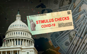 A picture of the Pentagon and a stimulus check labeled "Stimulus Checks Covid-19" with a background of a United States map and 100 dollar bills asks, Can child support take my stimulus check?