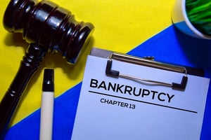 From left to right, a gavel, white pen with black tip, clip-board with a white piece of paper with "BANKRUPTCY CHAPTER 13" written on it, and a quarter of a green plant in a white pot are placed on a half blue, half yellow background with the separation running diagonal from lower left to upper right. The scene poses the question, Have your Chapter 13 payments become unaffordable in Minnesota? 