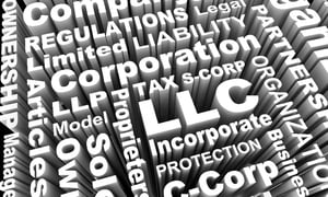 White, raised words like "Corporation", "LLC", "protection", "limited liability", etc. on a black background place very close to each other either vertical or horizontal, representing why a corporation is a legal entity separate from its owners.